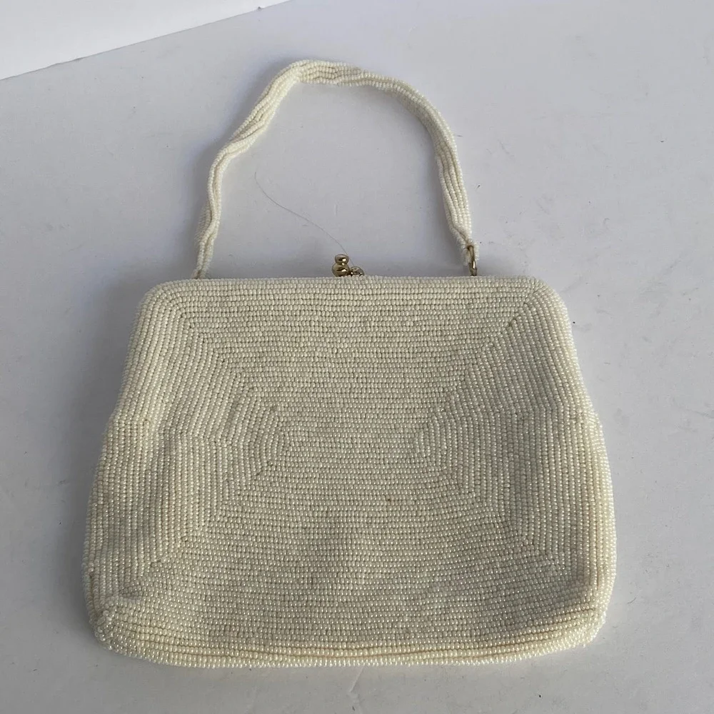 Beaded Evening Bag Women Small White Excellent Vintage Scalloped Fan Korea